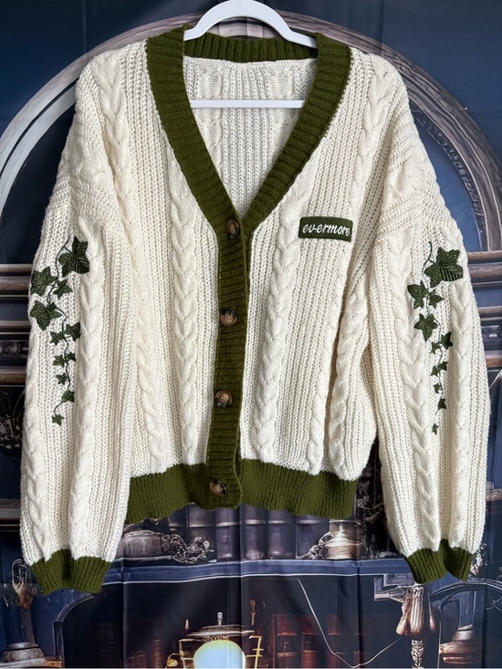 Taylor Swift Sweaters - T.S. Evermore Cream Cable Knit Cardigan with Olive Trim